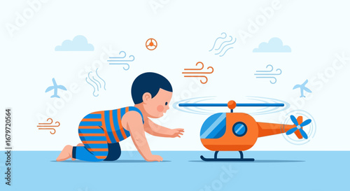Child's Fascination With A Toy Helicopter And A Playful Exploration Of Adventure Concept