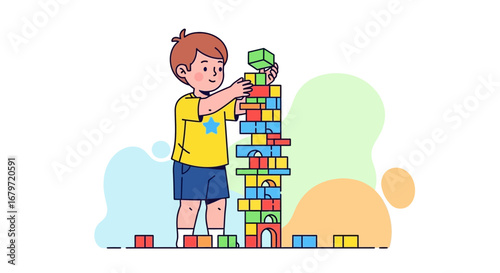 Child's Game Of Skill: Building Blocks Tower Illustrating Early Development And Fun Activities