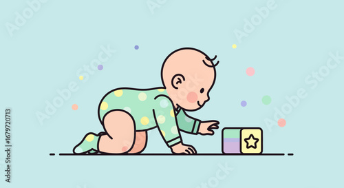 Curious Infant Discovering Toy Block Amidst Floating Colorful Playful Spheres