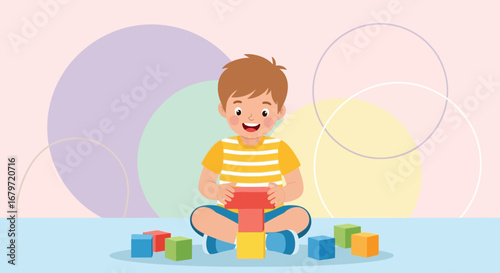 Child's Joyful Construction: Building Blocks Playtime Illustration on Pastel Background