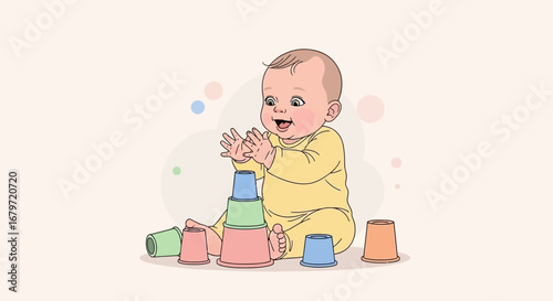 Child's Joyful Discovery: Stacking Cups And Experiencing Pure Happiness