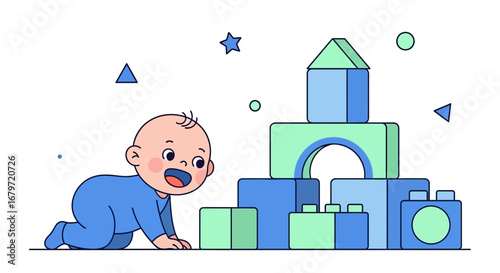 Curious Infant Exploring Building Blocks, Symbolizing Early Childhood Development