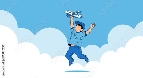 Child's joyful flight with a plane toy symbolizing dreams in a bright blue sky