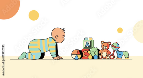 Curious Infant Exploring Colorful Toys In A Playful And Engaging Illustration