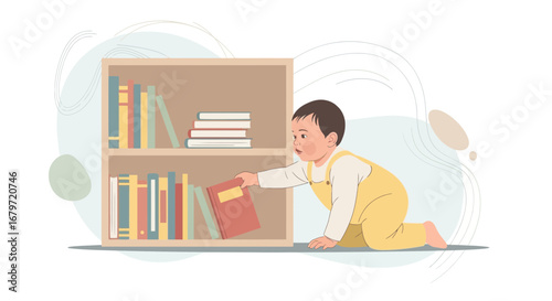 Curious Infant Exploring Literature, Discovering World Through Books, Knowledge Begins