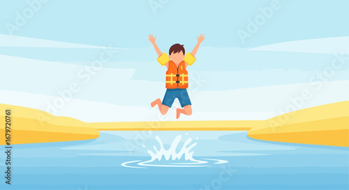 Child's Joyful Leap Into Water: A Vibrant Aquatic Adventure Depicted in Playful Illustration