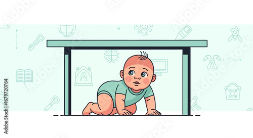 Curious Infant Exploring The World, Crawling Underneath A Table With Joyful Expression