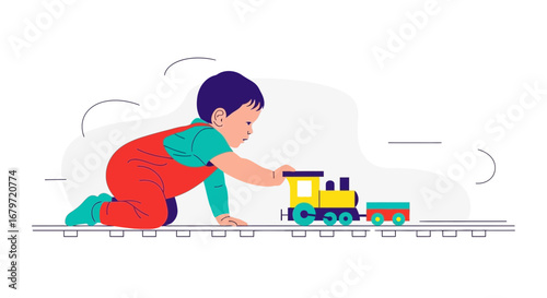 Curious Infant Exploring Toy Train: Bright Illustration of Early Childhood Playtime
