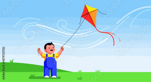 Child's Joyful Outdoor Kite Flying Experience Against a Clear Blue Sky Backdrop