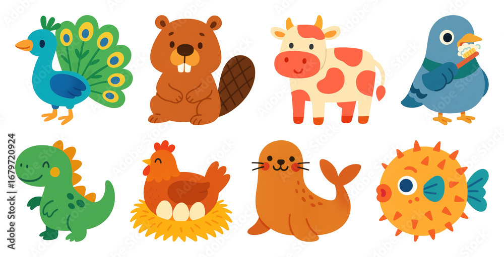 Fototapeta premium PNG Colorful cartoon animal illustrations, element set on transparent background