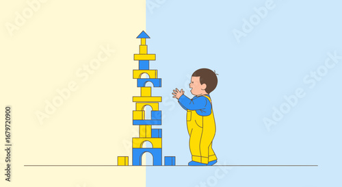 Child's Playful Construction: Tower Of Blocks Built With Joyful Anticipation