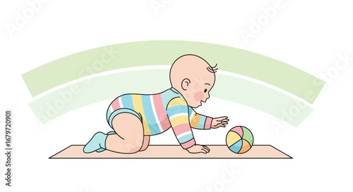 Curious Infant Reaching Towards a Colorful Ball on a Play Mat in a Cheerful Setting