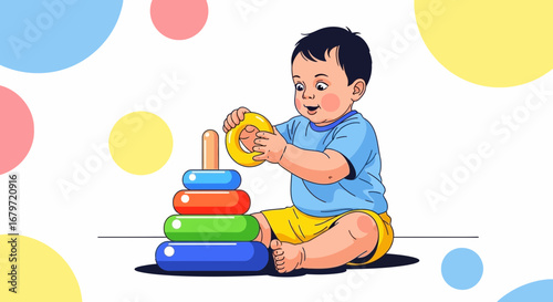 Childs Playful Moments Constructing The Tower Of Colorful Rings With Delight