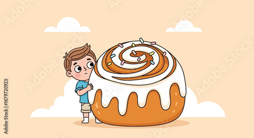 Curious Kid And Monumental Pastry: A Cartoon Scene With Vibrant Delights