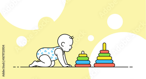 Curious Infant Staring At Colorful Stacking Toys In A Playful Illustration