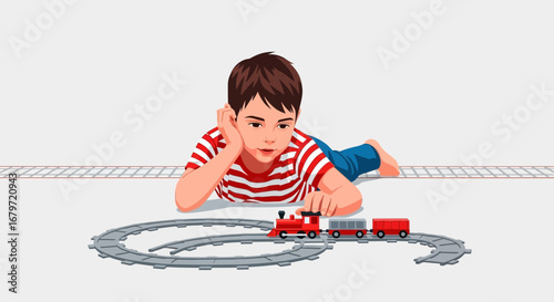 Curious Little Boy Playing With Toy Train on a Playful Track Layout
