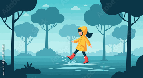 Child's Playful Stroll Through The Rainy Forest in a Vivid and Appealing Illustration