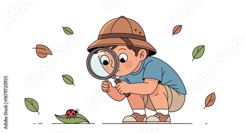 Curious Little Explorer Discovering Ladybug With Magnifying Glass And Leaves On White