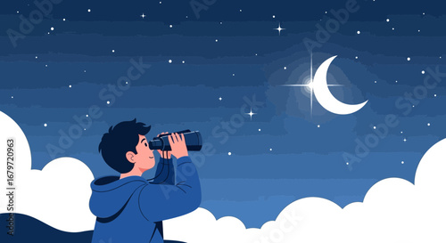 Curious Observer Gazing At The Night Sky With Binoculars Under The Moonlight