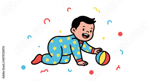 Child's Playtime: A Joyful Illustration Depicting a Crawling Baby and a Ball