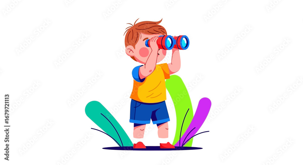 Fototapeta premium Curious Young Explorer Using Binoculars to Discover Adventure and Uncharted Territory