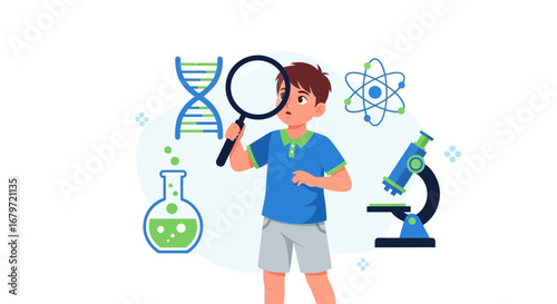 Curious Young Investigator Examining Science Elements With Magnifying Glass and Tools