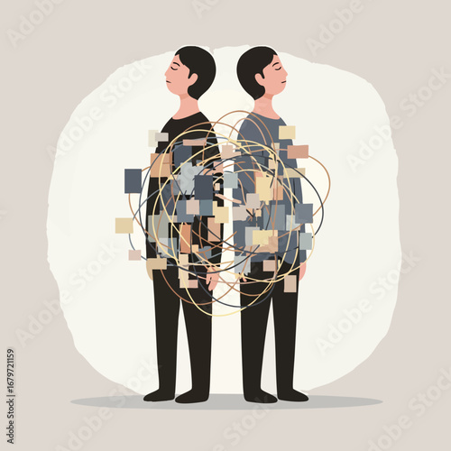 Illustration of two people back to back representing internal conflict.
