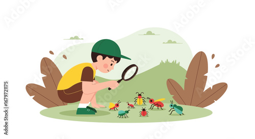 Curious Youngster Investigating Insects With Magnifying Glass In An Enchanted Green Meadow