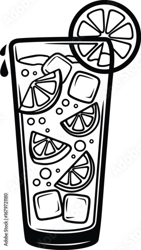 Vector Black and White Line Art of a Tall Glass Filled with Ice and Lemon Slices beverage drink