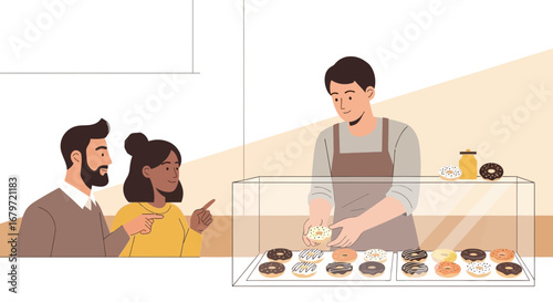 Customer’s Delight: People Choosing Donuts In Bakery, Selecting Their Sweet Treat