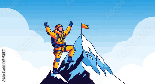 Climber Achieving Summit Success Demonstrates Determination On Reaching Peak After Challenge