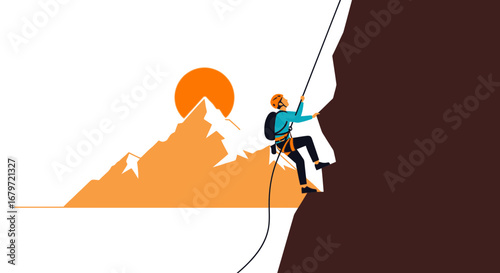 Climber Ascending A Rocky Cliff Face Against Mountain And Orange Sun Background
