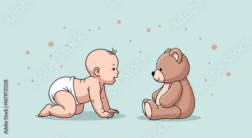 Cute baby crawling towards a teddy bear cartoon illustration on blue background