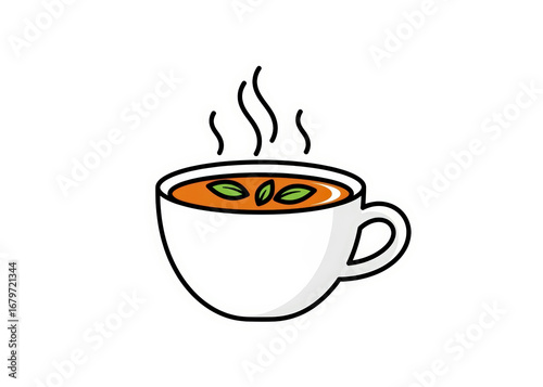 Steaming Hot Cup of Soup or Tea with Fresh Leaves Cartoon Illustration Isolated on White