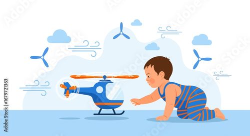 Cute baby crawling towards a toy helicopter, vector illustration, child and toy airplane