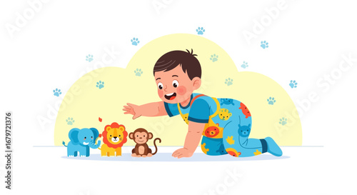 Cute baby crawling towards toy animals, child development, vector illustration