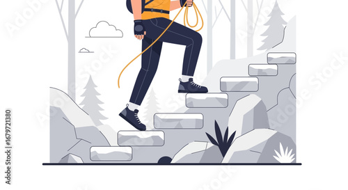 Climber Ascending Rocky Steps, Pursuing Ambition And Overcoming Difficulties