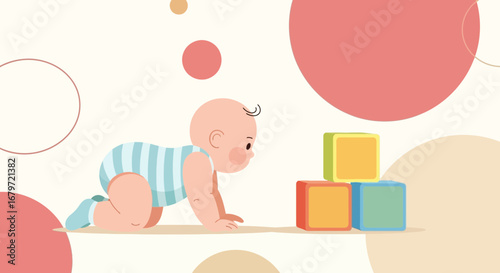 Cute Baby Crawling Towards Colorful Blocks, A Playful And Adorable Illustration