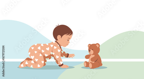 Cute baby crawling towards teddy bear, love and innocence illustration