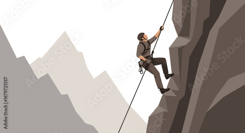 Climber Ascending Rugged Terrain, Reaching Heights, Exploring Mountainous Environments Visually