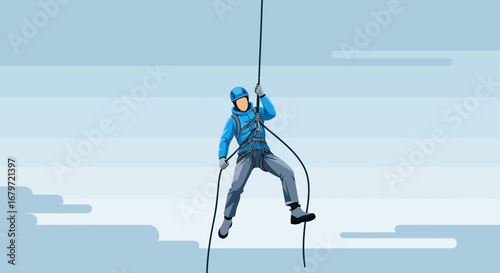 Climber Ascending With Protective Equipment, Adventure, And Recreational Pursuit