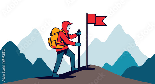 Climber Planting Flag On Summit Representing Achievement And Personal Triumph
