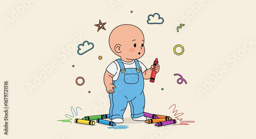 Cute baby exploring and drawing with crayons in a cheerful and playful cartoon illustration