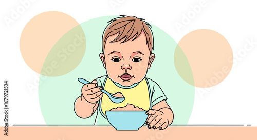 Cute Baby Feeding Itself with Spoon and Bowl During Mealtime Illustration