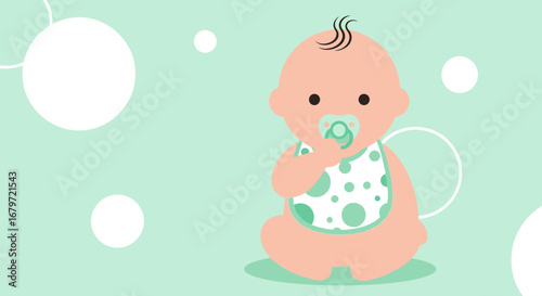 Cute baby graphic illustration with pacifier and polka dot bib over mint green background