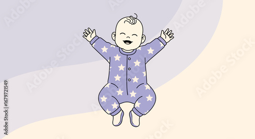 Cute baby happily smiling with arms raised, design illustrated on a soft background