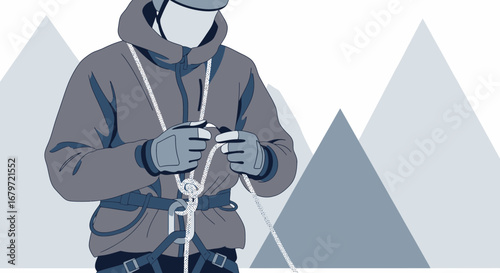 Climber Preparing Rope with Harness and Mountains in Backdrop, Safety First Approach