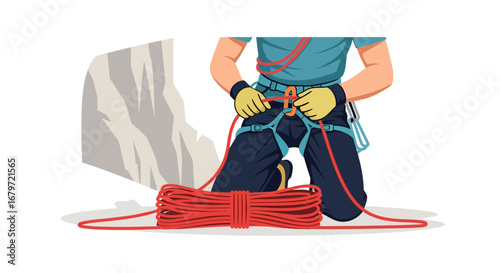 Climber Preparing Safety Harness And Rope Before Attempting Rock Climbing Adventure