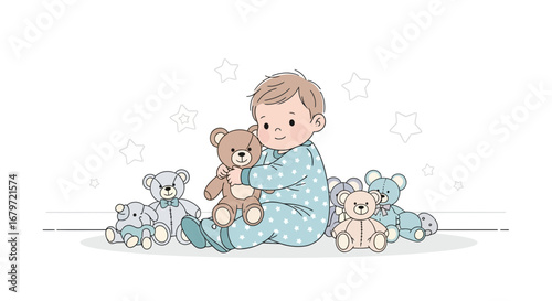 Cute Baby Hugging Teddy Bear Surrounded By Plush Toys In Playful Setting
