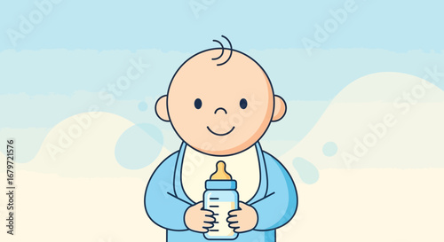 Cute baby holding a bottle full of milk, cartoon vector illustration on a pastel background
